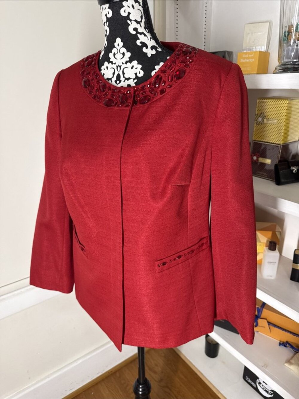 Vintage John Meyer Collection Long Sleeve 14W Blazer Red Beaded Collar trim